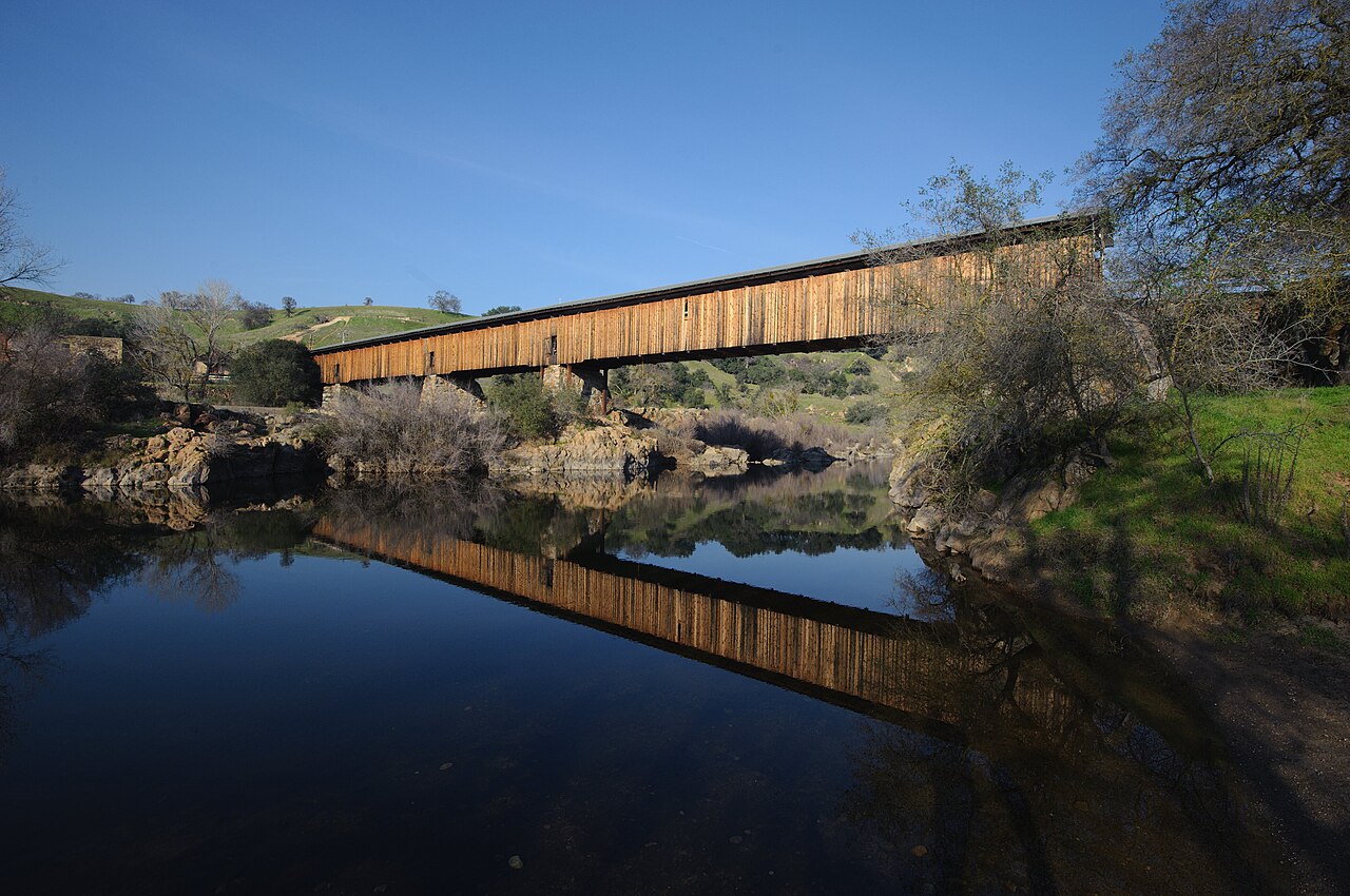 The historic Knights Ferry covered bridge over the Stanislaus River